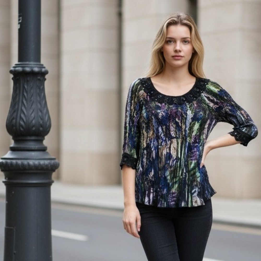 Alberto Makali L Abstract Print Pleated Lace & Beaded Trim Tunic Top Womens NEW